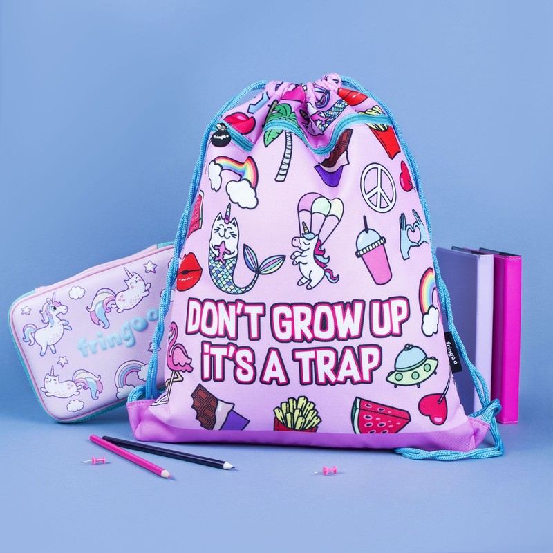 Fringoo - Kids Drawstring Bag - Front Zipped Pocket -