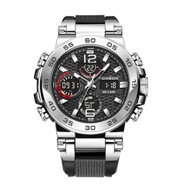 FOXBOX Men's Fashion Sports Watch, 50M Water-Resistant, Luminous Display with Digital Dial - Color: Black and silver