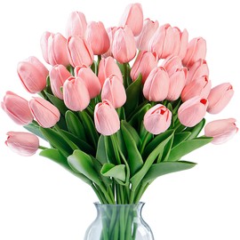 Sggvecsy 30 Pcs Fake Tulips Artificial Flowers Real Touch PU Faux Flowers Tulip Stems for Wedding Spring Bouquet Floral Arrangement Home Party Office Decorations for Mother's Day (Milk Pink)