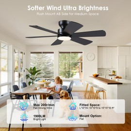 46 inch Ceiling Fans with Lights, Black Ceiling Fan with Remote APP, Dual-Sided Modern/Rustic 6 Blades, Reversible, 3CCT, Flush Mount Low Profile Ceiling Fan with Lights Bedroom Kitchen Indoor