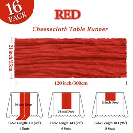 16 Pack Red Cheesecloth Table Runner 10Ft Gauze Cheese Cloth Table Runner 120 Inch Boho Sheer Rustic Fabric for Summer Decor Bridal Baby Shower Wedding Centerpiece Home Table Decoration