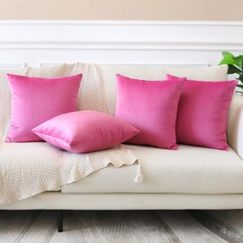 OTOSTAR Set of 4 Decorative Throw Pillow Covers Soft Velvet Solid Square Pillow Cases Luxury Cushion Covers Case for Sofa Car Patio Bedroom Living Room 16x16 Inch, Hot Pink