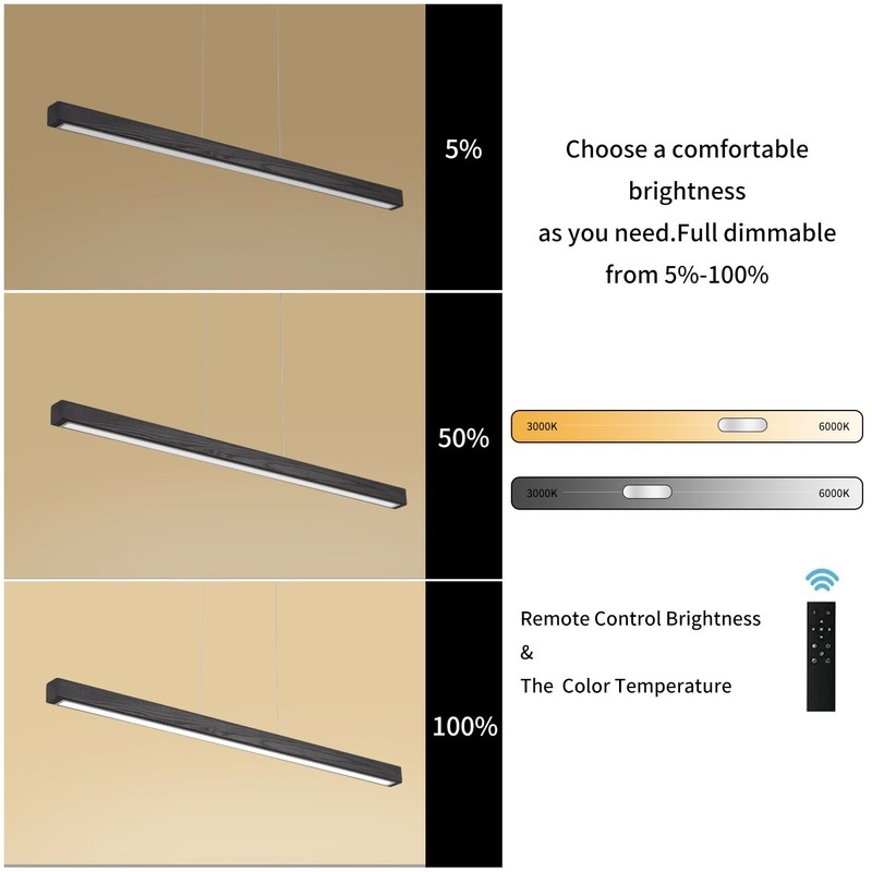 Black Wood Linear Pendant Light – Dimmable LED Chandelier with