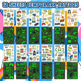 EMOME 140 Styles Luminous Temporary Tattoos for Kids, Glows Fake Tattoos Waterproof for Boys and Girls Body Arm Shoulder, Tattoo Sticker for Kids Party Favors Goodie Bags Stuffers (Video Game)