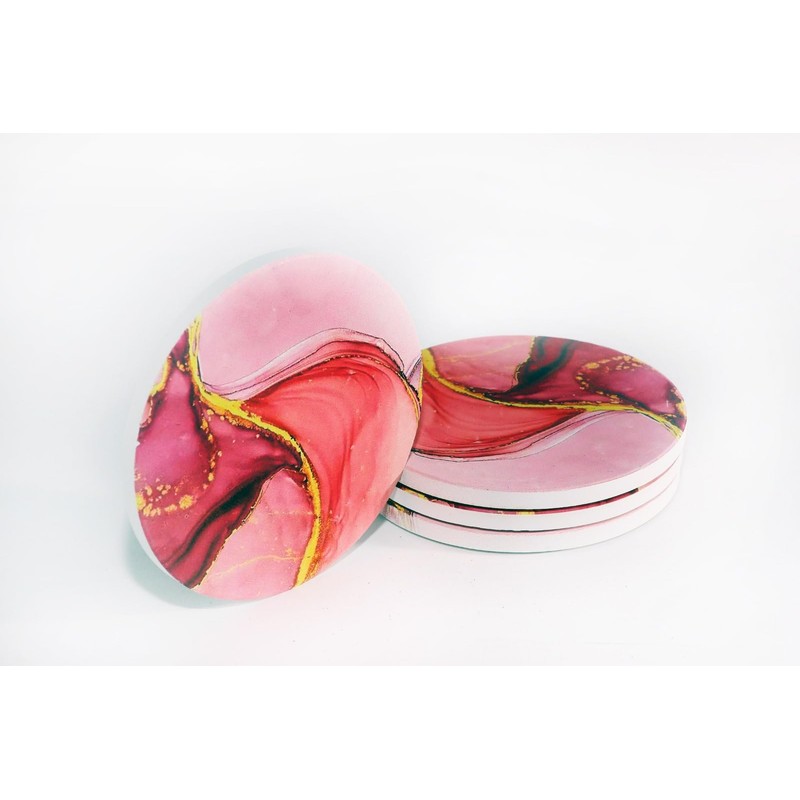Set of 4 Ceramic Drink Coasters Pink Marble Pattern -