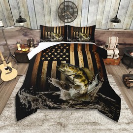 Vintage American Flag Comforter Set Queen Size,Bass Fish Bedding Set for Kids Teens Men Adult Room Decor,Fishing and Hunting Quilt Set Black Brown Rustic Farmhouse Wood Striped Duvet Insert 3Pcs