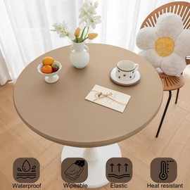 Huierxun Round Fitted PU Tablecloth with High Elastic Edge 59 Inch Dia Waterproof Oil Proof Table Cloth Anti-scald Stain-Resistant Wipeable Table Cover for Indoor Outdoor Picnic (Cream Coffee,59"Dia)