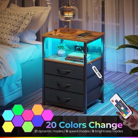 Seventable Nightstand with Charging Station and LED Light, Set of 2 Side Table with 3 Fabric Drawers, Bedside End Table with USB Ports and Outlets, Night Stand for Bedroom, Rustic Brown