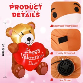 Poen 3 ft Valentine Day Inflatables Bear Outdoor Decorations with Heart LED Lighted Valentines Inflatables Bear Blow Yard Decoration for Romantic Sweet Valentines Gift Yard Decoration