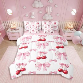Erosebridal 7 Pcs Cherry Bowknot Kids Comforter Set Twin Bed in a Bag,Princess Bow Bedding Set for Girls Girlfriend,Girly Red Cherries Duvet Set,Romantic Valentine Bow Tie Geometric Sheet Set