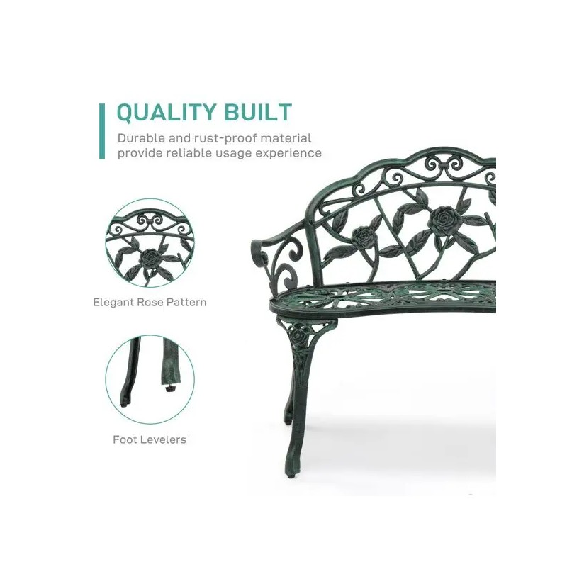 Antique Green Outdoor Cast Aluminum Patio Bench with Curved Legs