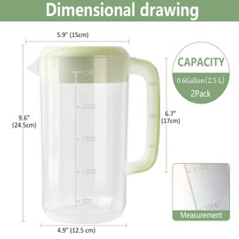 BPFY 0.6 Gallon 2.5 Litre Clear Plastic Pitcher with Lid, 2 Pack Clear Water Pitcher for Cold Drinks, Iced Tea Pitcher for Lemonade, Iced Tea, Milk, Juice, Beverages