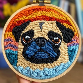 DIY Punch Needle Kits for Beginners Cute Pug Dog with Sunset with Hoop Punch Needle Starter Craft Embroidery Set Easy for Adults and Children Festival Gift and Decoration 20x20cm-4