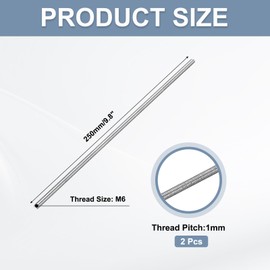 sourcing map Fully Threaded Rod M6 x 250mm 1mm Thread Pitch 304 Stainless Steel Right Hand Threaded Rods Bar Studs Long Threaded Screw 2 Pack