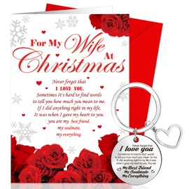 DPKOW Wife Christmas Card Keyring Set, Red Rose Christmas Card for Wife Christmas Xmas Gifts, Romantic Christmas Greeting Card Christmas Keyring, Wedding Anniversary Christmas Birthday Gifts for Wife