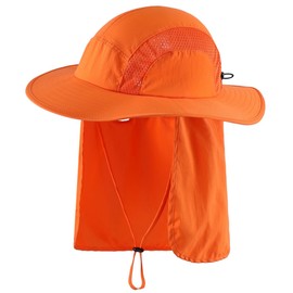 Magracy Outdoor Men's UPF 50+ Sun Protection Safari Hat Summer Wide Brim Sun Hat with Neck Flap Fishing Hat Orange