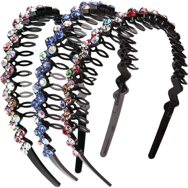 LONEEDY Wave Rhinestone and Crystal Teeth Comb Headbands For Women, Non-slip Hard Headbands(Color+Blue+Pink)
