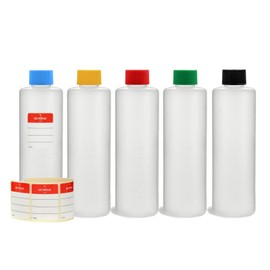 Octopus 5 x 250 ml plastic bottles, HDPE plastic round bottles with colorful screw caps, empty bottles with colorful screw caps, round bottles incl. 5 labels