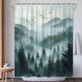 EUBTPA Misty Forest Shower Curtain Green Gray Pine Tree Foggy Jungle Mountain Birds Plant Rustic Mysterious Nature Scenery Landscape Bath Decor Polyester Fabric Curtains 70X70 Inch