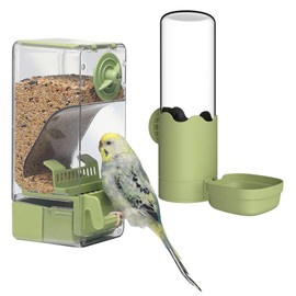 Birds Bait and Water Jug Parakeet Automatic Feeder Water Supply Cage Mounted Bird Bird Feeding Water Set of 2 (Green)