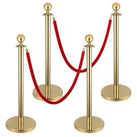 Berverra 4Pcs Stanchions with 2Pcs 5Ft Velvet Ropes, Gold Stanchions and Red Velvet Ropes