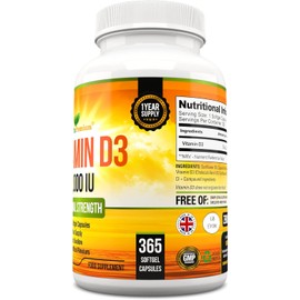 Vitamin D 2,000 IU, Optimal Strength Vitamin D3 Supplement, 365 Easy to Swallow Softgels - Full Year Supply, from UK