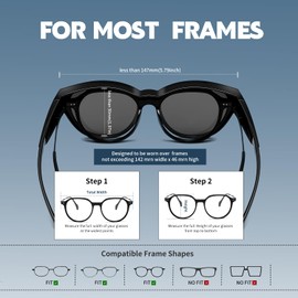 kimorn Over Glasses Polarized Sunglasses for Women & Men, Stylish Cat Eye Design Sun Glasses,Anti Glare Fit Driving Glasses (Black/Grey)