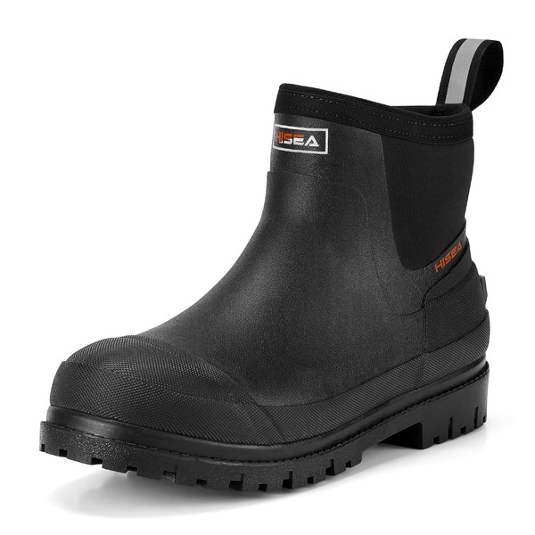 HISEA Men's Chelsea Rain Boots, Rubber Ankle Short Boots for Men Waterproof, Durable Insulated Mud Booties for Outdoor Garden Work, Black Size 10