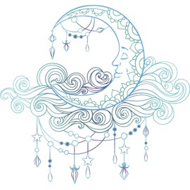 Divine Designs Retro Blue Purple Boho Crescent Moon Cartoon Vinyl Decal Sticker (4" Wide)