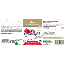 Pomegranate 90 PUR Dr. med. Michalzik - 90 Capsules - Each Capsule 400 mg Punica Granatum Extract 360 mg Pure Punicoside - No Additives - by BIOTIKON®