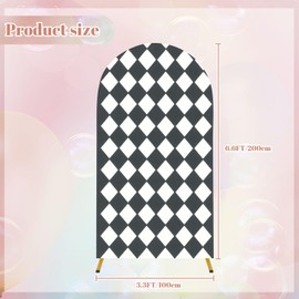 Wedding Arch Backdrop Cover 6.6FT Abstract Checkered Seamless Black Diamonds White Spandex Fitted Arch Cover Round Top Stands Cover for Birthday Party Ceremony Banquet Decoration