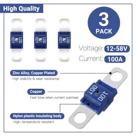 Tixlux Midi Fuse, 3 Pieces 100A Midi Screw Fuse, 1 Piece ANS Fuse Holder, 1 Piece Wrench, 12V-58V Midi High Current Fuse for Car, Truck, SUV, RV