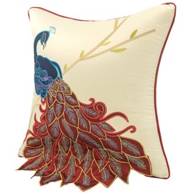vctops Elegant Embroidered Peacock Decorative Throw Pillow Case Silky Satin Cushion Cover Red1 18"X18"