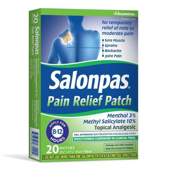 Salonpas Pain Relieving Menthol and Methyl Salicylate Patch, 20 Count, for Back, Neck, Shoulder, Knee Pain and Muscle Soreness, 12 Hour Pain Relief