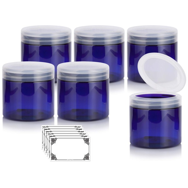 JUVITUS Cobalt PET Plastic (BPA Free) Refillable Jar with Clear Natural Flip Top Cap - 16 oz (6 Pack) + Labels