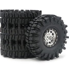 HOBBYSOUL RC 1.9 Mud Slingers Tires Tyres Height (OD) 120mm / 4.72'' Mounted on Aluminum 1.9 Beadlock Wheels Silver Black Color Rims, (4-Pack, Assembled)