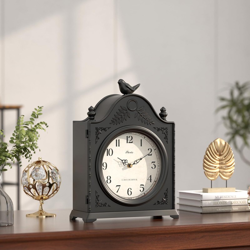 ChimeTide Vintage Bird Mantel Clock with Hidden Safe, Antique Black