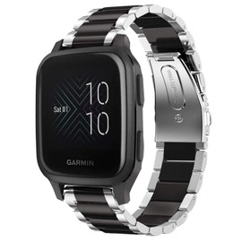 Compatible with Garmin Venu Sq Bands, Lvbu Stainless Steel Metal Replacement Strap Bracelet Compatible with Garmin Venu Sq Smartwatch (Silver-Black)