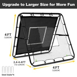 BAGAIL Soccer Rebounder Net, 4 x 4 Ft Pitch Back Baseball Softball Rebounder, Angle Adjustable Rebound Net for Control, Passing Practice, Easy Setup Bounce Back Net Gifts for Training - Black