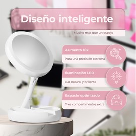 VITALIF Make-up-Spiegel mit LED-Licht und 10-facher Vergrößerung, rund und faltbar, mit Aufbewahrungsbox für Kosmetik und Schmuck, drehbarer und tragbarer Spiegel, ideal für Reisen.