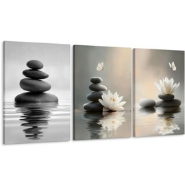 Lotus Wall Art Zen Stones in The Water Bathroom Calming Meditation Butterfly Framed Breathe Spiritual Canvas for Bathroom Living Room Yoga, Set of 3, 12x16 Inch - Ready to Hang