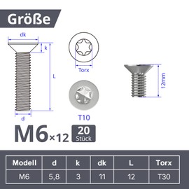 ORTAVA ORTAVA 20 Stck Senkkopfschrauben M6 x 12 mm, M6 Senkkopfschrauben Torx Edelstahl 304, Senkkopfschraube mit Innensechsrund/Torx (ISR/TX) nach Norm ISO 14581 / DIN 965, fr Maschinen, Ger?te und M?bel