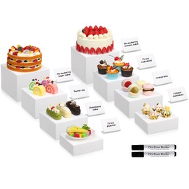 Geelin 8 Pack White Food Risers and 8 Display Signs 2 Markers Acrylic Risers Stands with Hollow Bottom Buffet Display Stands Nesting Cube Boxes for Catering Dessert Buffet Table Collectibles