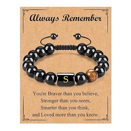 Initials Bracelet for Men Letter Beaded Bracelet Black Onyx Tiger Eye Stone Bracelet Adjustable Name Bracelet Birthday Gifts for Friends Boyfriend Husband (S:Initials Bracelet)