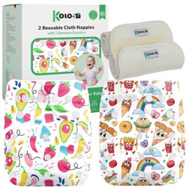 Kolo - Set of 2 Reusable Nappies for Babies and Toddlers + 2 Bamboo Inserts, Adjustable Size, Plain, 100% Eco-Friendly, HappyFood