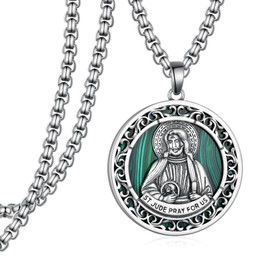 Hantuorui 925 Sterling Silver Saint Jude Thaddeus Pendant Necklace - Patron Saint Amulet for Men & Women, Religious Jewelry, Normal Size, Sterling Silver, Malachite
