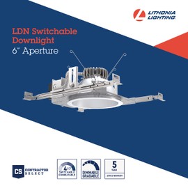 Lithonia Lighting 6" Open Downlight with Adjustable Brightness and 4-in-1 Switchable Light Color, New Construction Recessed Lighting Housing and Trim for Ceiling Light, Includes Junction Box
