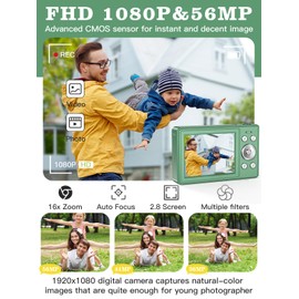 Upgrade Digital Camera, 56MP FHD 1080P Camera for Kids with 16x Zoom Anti Shake, Kid Camera with 32GB TF Card, Two Batteries, Lanyard, Compact Small Camera for Kids Boys Girls（Green）