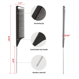 STUDIO LIMITED Carbon Pin Tail Comb Rat Tail Combs, Parting Comb Pin Tail Stainless steel tail Hair Styling Beauty Tools Easy parting and styling Anti-static (5 Pcs)