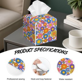 Groovy Flower Tissue Box Cover Square,Spring Daisy Tissue Box Holder with Belt Bottom,Stylish Leather Napkin Holder for Vanity Countertop,Nightstands,Office Desk,5.2"×5.2"×5.2"